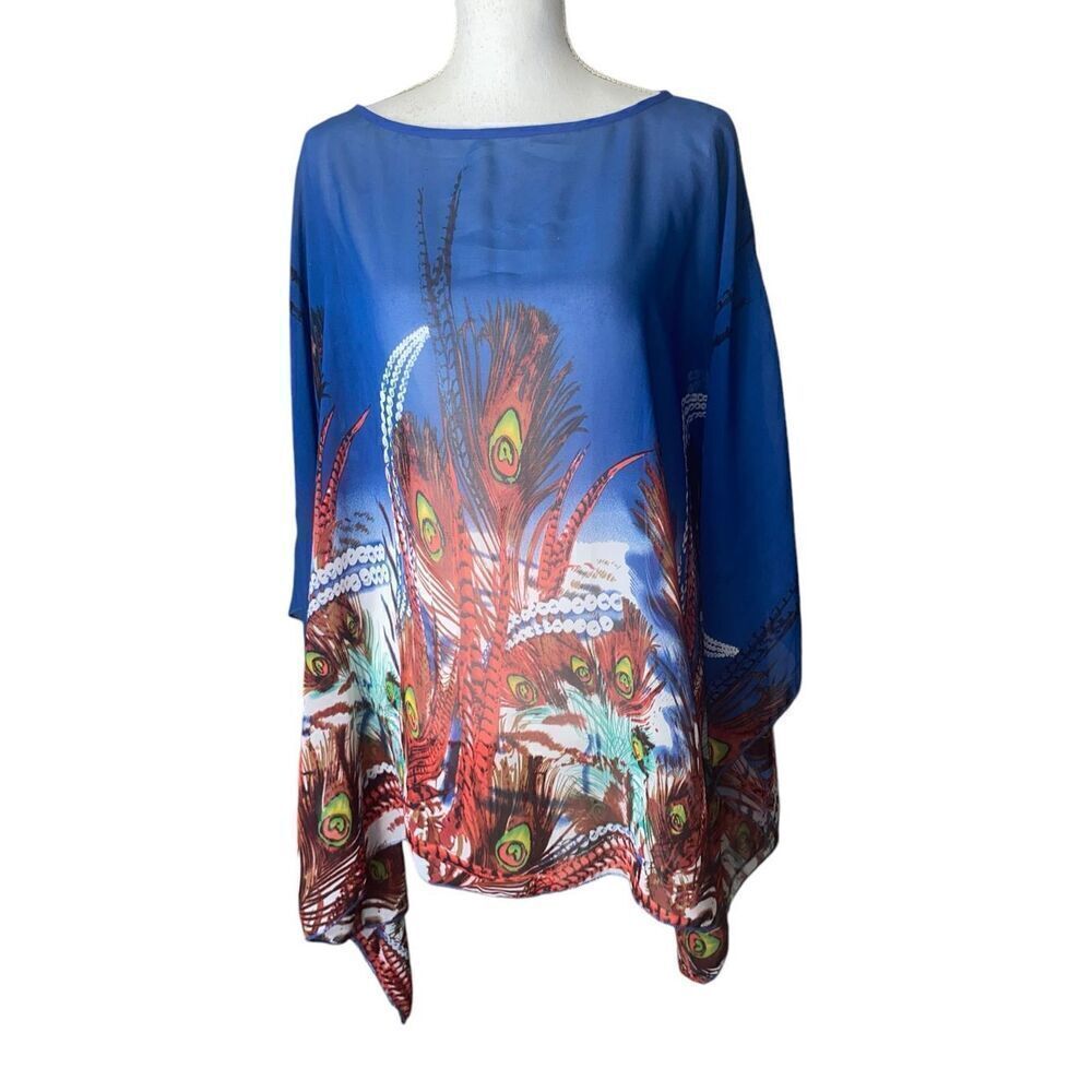 Highness Womens Blue Peacock Feather Print Kimono Top OSFM